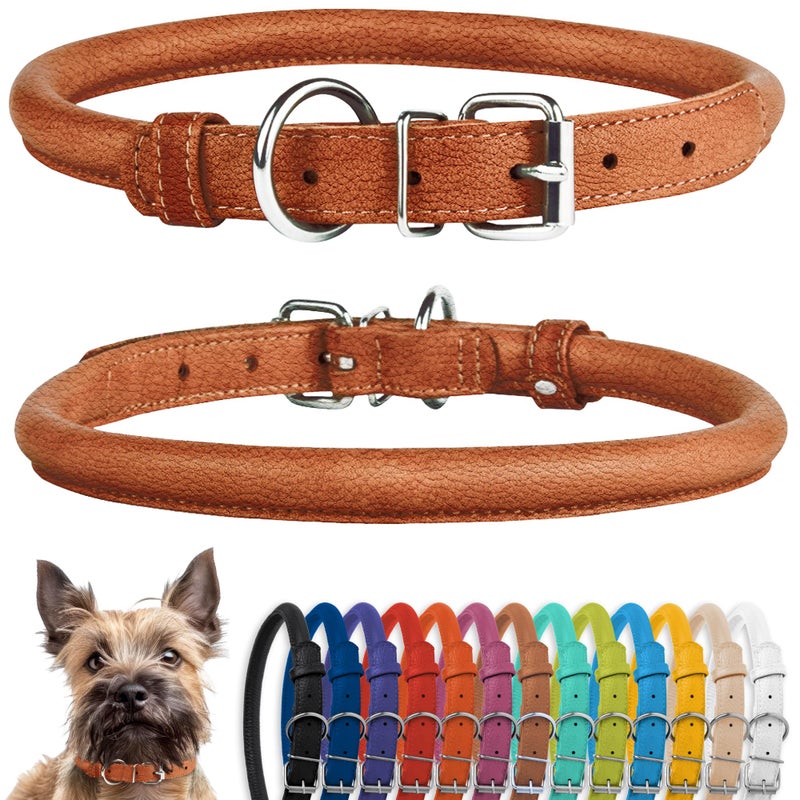 CollarDirect Rolled Leather Dog Collar, Soft Padded Round Puppy Collar, Handmade Genuine Leather Collar Dog Small Large Cat Collars 13 Colors (6-7 Inch, Cinnamon Textured) - Image 1